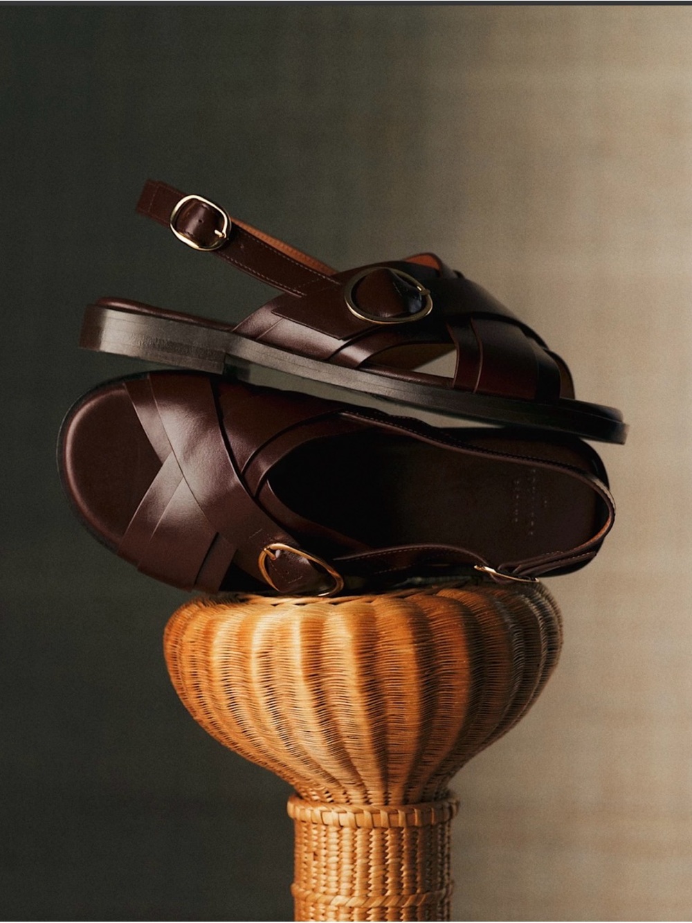 Sézane Low Blandine Chocolate Leather Cross-Strap Sandals with Gold Buckle - Picture 2 of 8